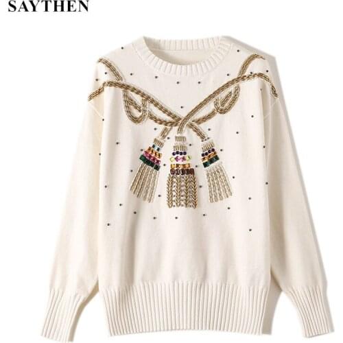 SAYTHEN 2021 Hot Sale Designer Women Vintage Ethnic Beading Hemp Rope Necklace Knitted Sweater Pullover