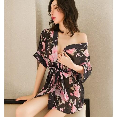 Sexy Print Nightgown Women Chiffon Robe Suit Deep V Cardigan Lace-Up See-Through Underwear Erotic Uniform Seduction Pajamas Set
