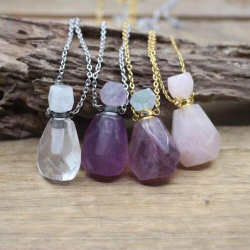 Natural Purple Fluorite Essential Oil Vial Pendants Necklace Rose Quartzs Crystal Perfume Bottle Charms Choker Jewelry QC1048