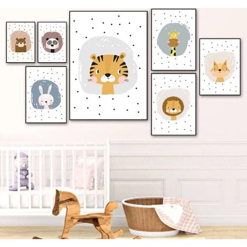 Safari Nursery Canvas Poster Print Cartoon Animals Wall Art Painting Giraffe Tiger Lion Fox Decoration Baby Bedroom Wall Picture