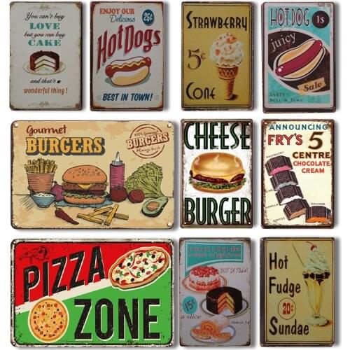 Chic Pizza Zone Metal Plaque Sign Vintage Hot Dogs Tin Poster Popcorn Metal Painting Personalized Coffee Bar Kitchen Wall Deor