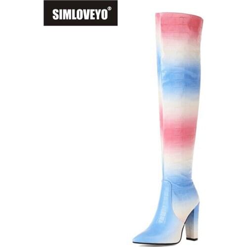 SIMLOVEYO 2021 Over The Knee Boots Sexy Party Slip On Novelty Pointed Toe Alligator Texture Block Heel Blue Yellow Pink A4496