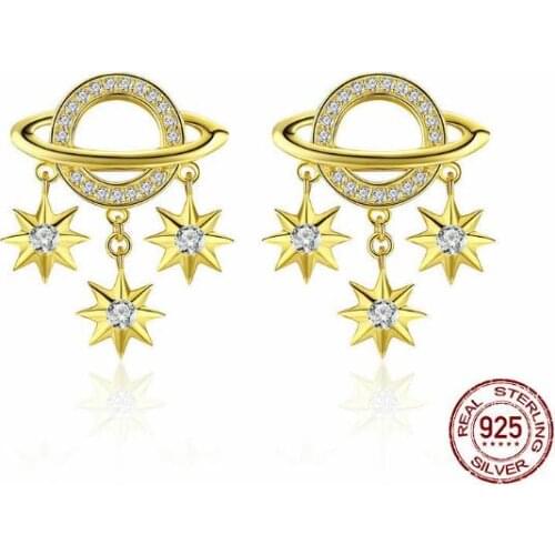 STE5 Silver Asymmetrical Star Moon Earrings Crystal Charms Stud Earrings For Women Girls Jewelry