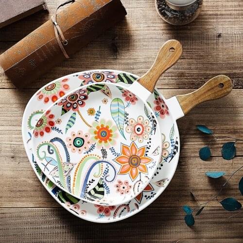INS Influencer Ceramic Salad Breakfast Plate Bowl Set Wood Handle With Hole Household Steak Dessert Dishes Oval Pasta Plate