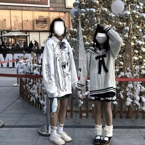 Autumn Japanese Streetwear Hoodie Sweatshirt Long Sleeve White Top Aesthetic Sweatshirts Graphic Hoodies Oversized Sweatshirt