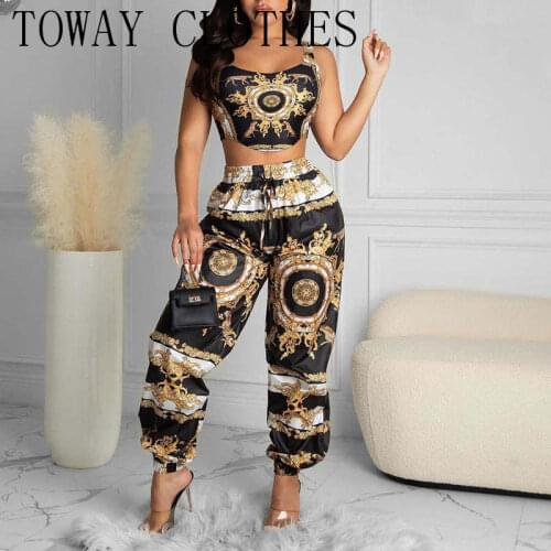 Square Neck Scarf Print Crop Top & High Waist Pants Set Casual Look for Women Two Pieces Set