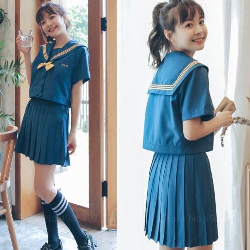Japanese School Student JK Uniform Girl Anime Long Short Sleeve Shirt Sailor Dress Set Navy Blue College Pleated Skirt Plus Size