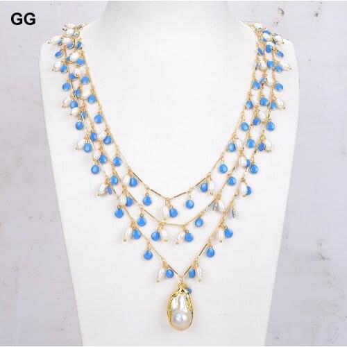 GuaiGuai Jewelry 19'' 3 Strands White Rice Pearl Blue Enamel Chain Necklace Keshi Pearl Pendant