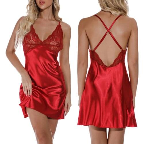 Women Summer Sexy Nightdress Wine Red Deep V-neck Lace Hem Sleeveless S/ M/ L