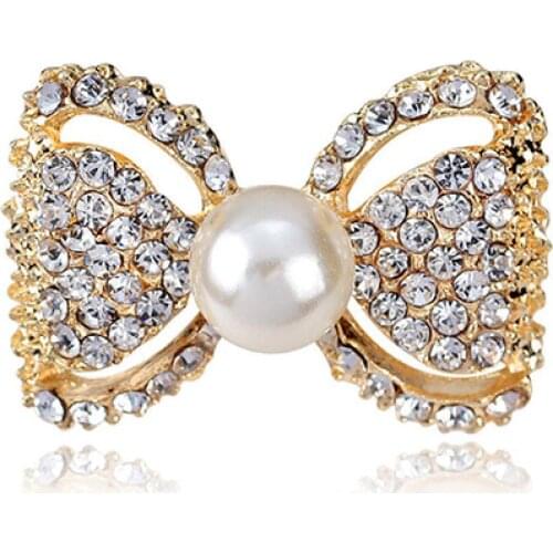 Lady Fashion Bowknot Shiny Rhinestone Imitation Pearl Scarf Women Dress Bag Brooch Pin Sweater Scarf Brooch Pin