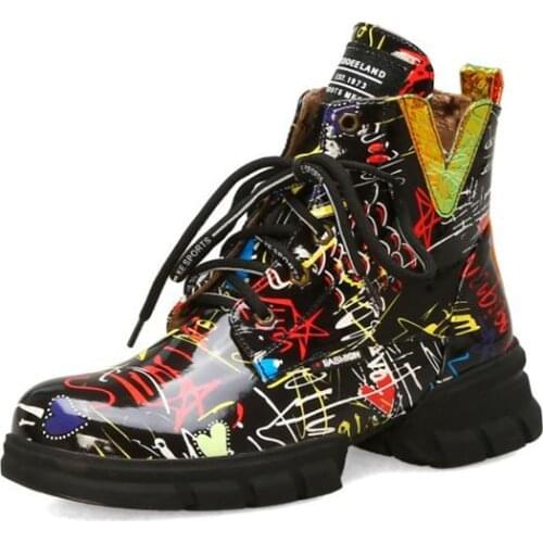 Vogue British Style Graffiti Thick With Newspaper Pattern Personality Short Boots With Students Martin Boots Women Size 34-43