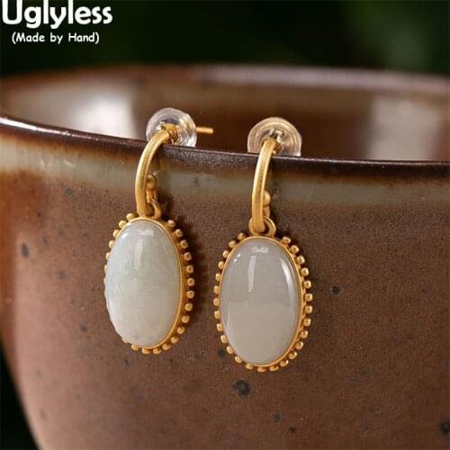Uglyless Cool Gear Frame Oval Gemstones Earrings for Women Nature Jadeite Drop Earrings Gold Real 925 Silver Studs Dress Jewelry