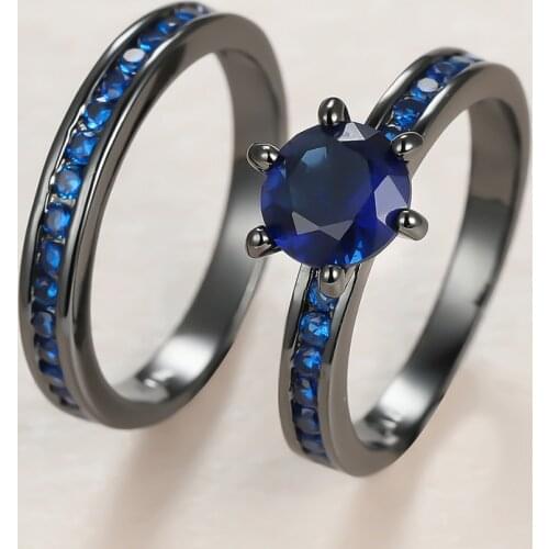 Punk Female Blue Crystal Stone Ring Set Charm 14KT Black Gold Wedding Rings For Women Dainty Bride Square Zircon Engagement Ring