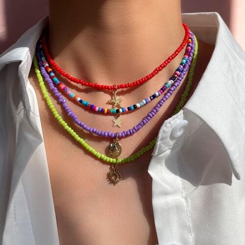 Fashion Colorful Gold Star Pendant Beaded Necklace For Women Acrylic Seed Bead Strand Choker Collar Bohemian Jewelry 2021 New