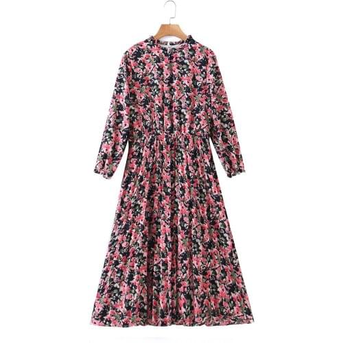 Womens Dress Vintage Za Fashion 2021 Floral Print Chiffon Dress Long Sleeve O Neck Elegant Dresses Female Mid-Calf Vestidos