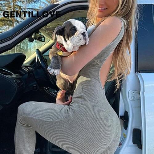 Gentillove 2021 Women Summer Backless Rompers Playsuits Sexy Casual Zipper Sleeveless Sports Club Solid Screw Thread Skinny