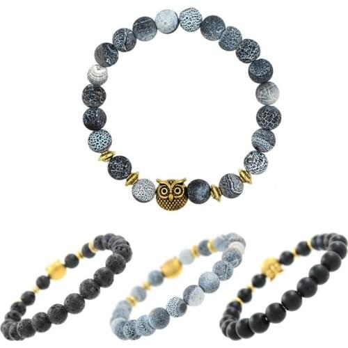 8mm Black Onyx Stone Bracelet Weathered Granite Stone Owl Charms Bracelet Lava Fashion Jewelry Men Women