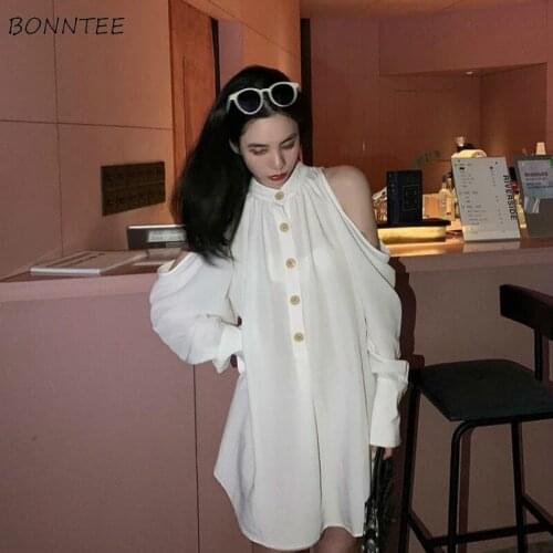 Shirts Women Solid Single Breasted Off Shoulder O-Neck Loose Creativity Stylish Vintage Autumn Female Blouses Leisure All-match