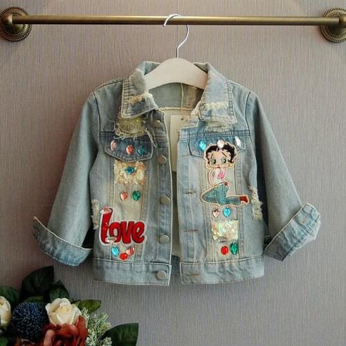 Spring Autumn Baby Girls Coats Whiten Hole Sequins Cartoon Pattern Cowboy Jacket For Baby Kids Windbreaker Children Outerwear