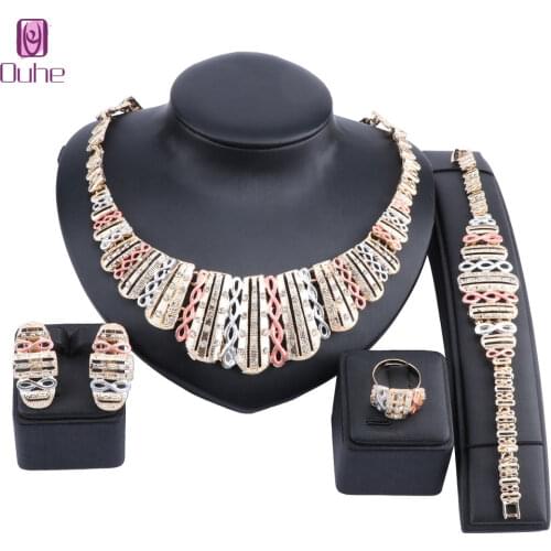 Dubai Gold Crystal Colorful Jewelry Sets For Women Necklace Bracelet Earrings Ring Creative Wedding Jewelry Sets for Bride
