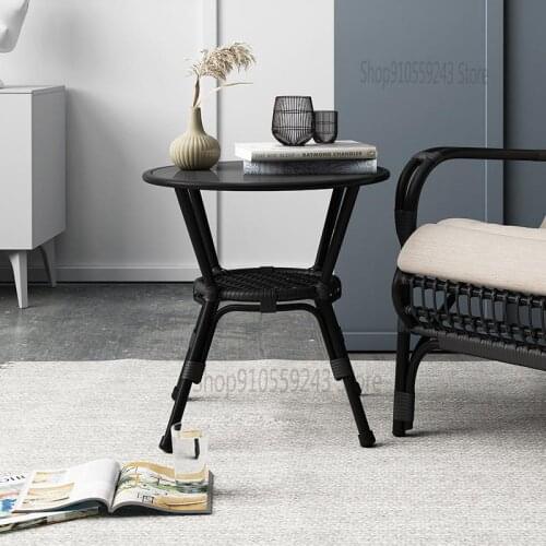 Wrought Iron Side Table Seating Area Table Double-layer Tempered Glass Round Small Side Table Side Table Small Coffee Table