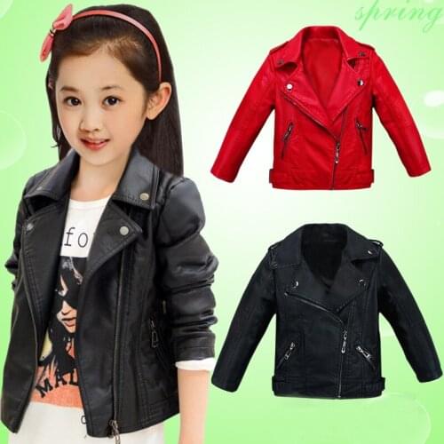 Girls PU Leather Clothing Jacket Outerwear Childrens Fashion Lapel Inclined Zipper Coat Baby Kids Spring Fall Casual Coat X59