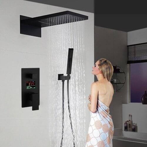 Bathroom Rain Shower Faucet Set Black Brass Bath Shower Faucets Wall or Ceiling Wall Mounted Shower Mixer 8-12" Shower Head Taps