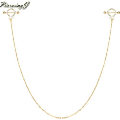 PiercingJ 1pc Belly Piercing 14G Stainless Steel Handcuff CZ Crystal Shield Nipple Ring Dangle Chain Barbell Piercing Gold