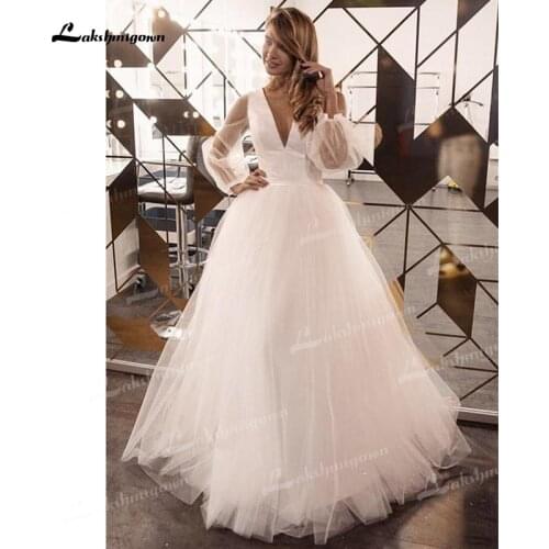 Modern A-Line Tulle And Soft Satin Wedding Dresses Deep V-Neck Transparent Puff Long Sleeve Illusion Back Sweep Train Bride Gown