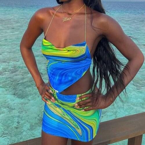 Beach Vacation Paisley Wave Print Women Sexy Backless Halter Crop Cami Top And Bodycon Skirt Set Summer Two Piece Outfits