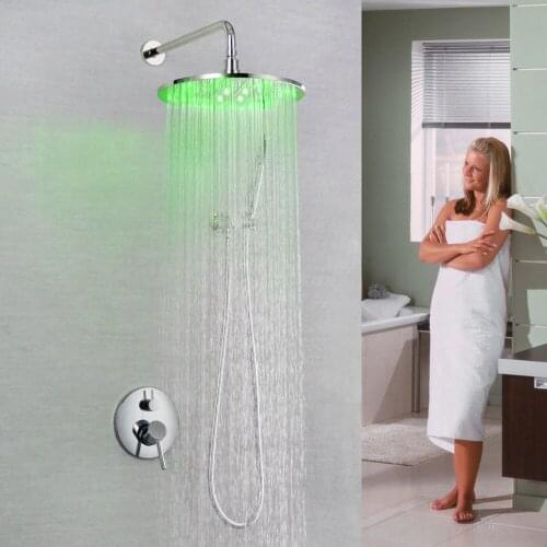 Modern Wall Mounted Bathroom Round LED Light Rain Shower Mixer Faucet Single Handle