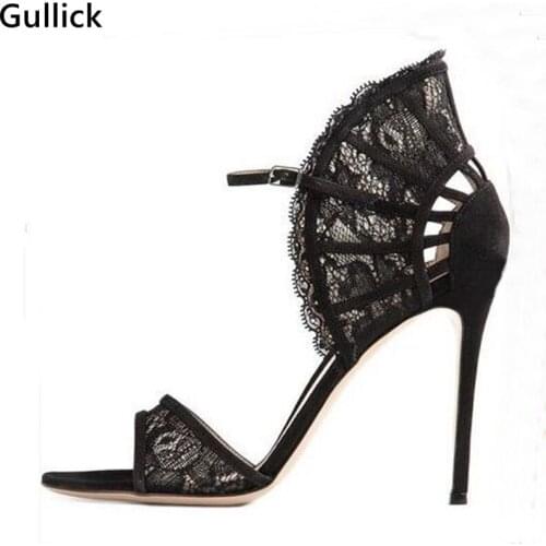 Sexy Slim Buckle Strap Mesh Fan Shaped Lace Flowers Stiletto Heel Sandals European Style Women Sandals Red Black Wedding Pumps