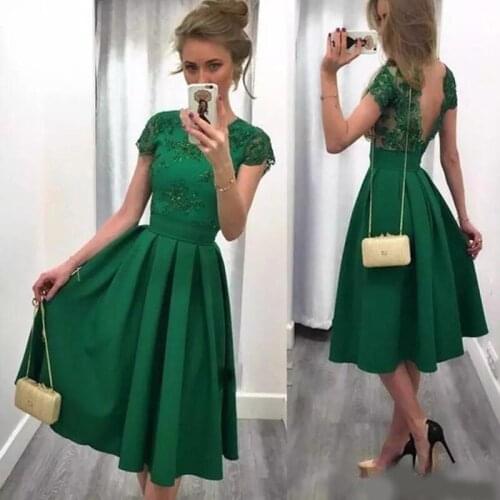 Dark Green Satin Lace Formal Short Evening Dresses 2020 Sexy Backless Plus Size Cocktail Party Gowns Cheap