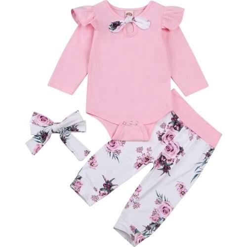 Baby Girl Top, Floral Pants Suit, Round Neck Long Ruffle Sleeve Romper, Warm Loose Jogger Trousers, Headband Spring Autumn