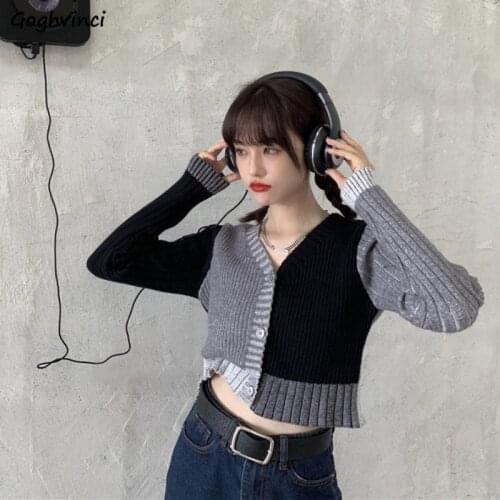 Cropped Cardigan Women Vintage Patchwork Harajuku BF Sexy V-neck Slim Sweaters Spring Autumn Long Sleeve Harajuku Fashion Design