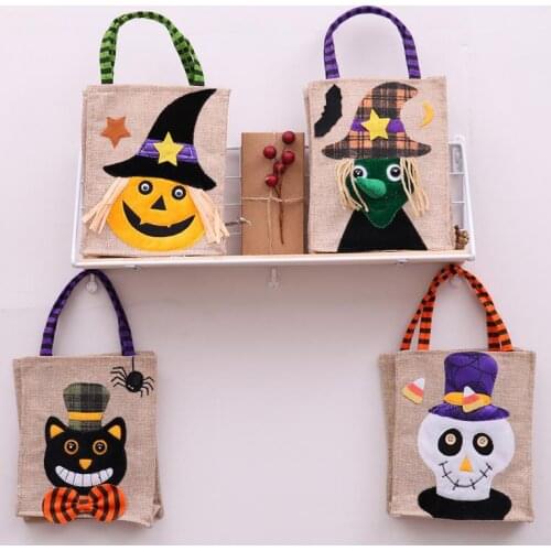 Halloween Decoration Party Gift Bag Pumpkin Witch Skeleton Ghost Linen Totes Sweets Cookies Gift Packing Bags Fancy Dress Props