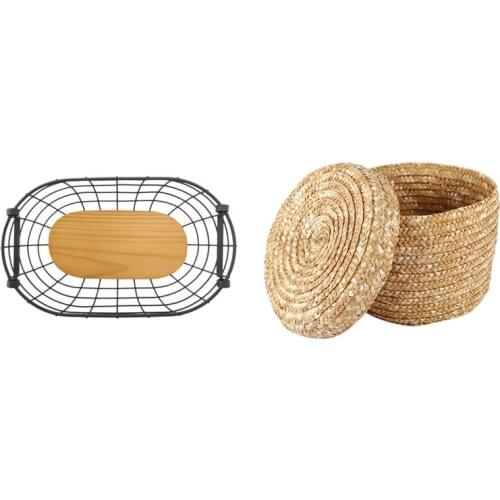 Vintage Antique Silk Screen and Wooden Fruit Egg Storage Basket with Wheat Straw Woven Storage Basket Storage Basket