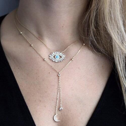 LUCKY Evil Eye Jewelry Gold Filled AAA Baguette Cubic Zirconia Cz Turquoises Stone Fashion Classic Eye Necklace 2020 NEW