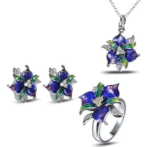 Green enamel flowers attending the cocktail party ring necklace Purple Epoxy Earrings Pendant Set Luxurious Exquisite Jewelry