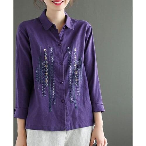 Purple 2021 Autumn Women Retro Embroidery Blouses Turn-down Collar Long Sleeve Shirts Simple Comfort Single Breasted Linen Tops