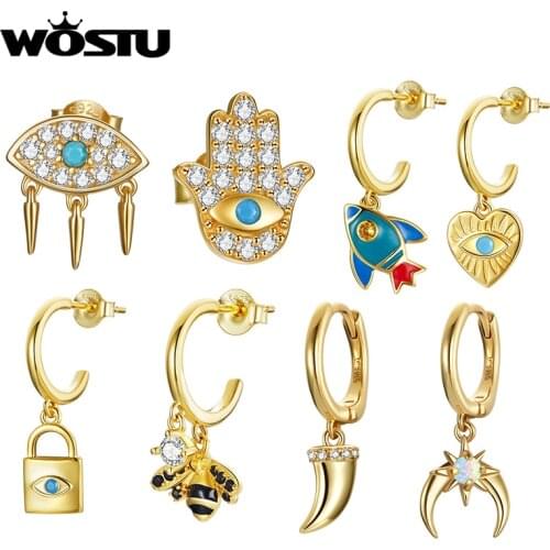 Wostu 1PCS Gold Lucky Eye & Hand Rock Little Bee 925 sterling silver Gold Color Circle Earrings Clips Hoop Earrings for women