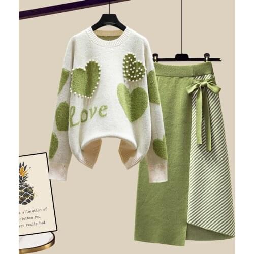 2021 Autumn Top Brand Designer Lady Women Sweater Skirt Two Piece Set Winter O Neck Loose Beaded Knitted Tops+Lace up Skirt Suit