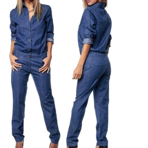 Women Autumn Denim Clubwear Long Playsuit Button Casual Fashion Bodycon Party Jumpsuit Romper Trousers 2021