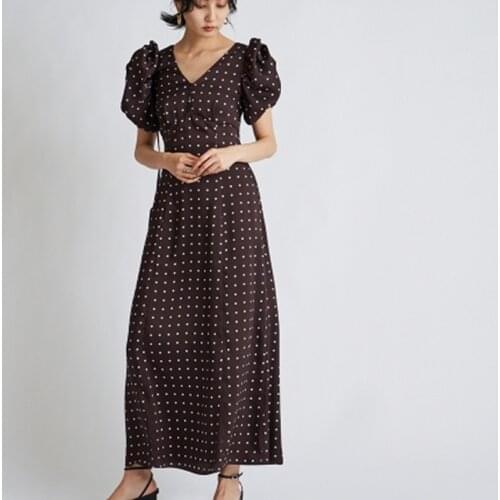 Retro Polka Dot Print Puff Short Sleeve Dress for Women V-neck Backless Lace-up Slim Robe Office Lday Elegant Vestido De Mujer