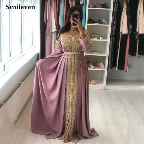 Smileven Pink Moroccan Kaftan Formal Evening Dresses Gold Lace Appliques Arabic Muslim Special Occasion Dresses Custom Made