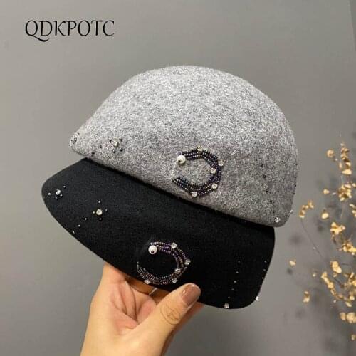 2021 Hat Autumn Winter New Women high quality wool fedoras Fashion Wool felt Hand embroidery Stewardess cap berets QDKPOTC