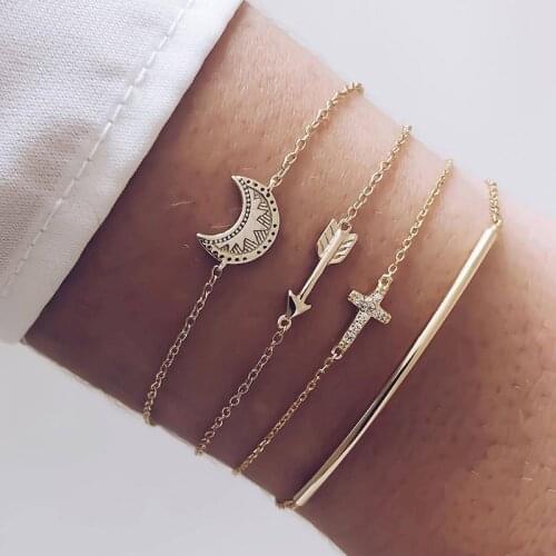 4 Pcs/Set Handmade Gold Moon Crystal Cross Arrow Charm Bracelet Bangles for Women Love Heart Triangle Gold Bracelet Jewelry Gift