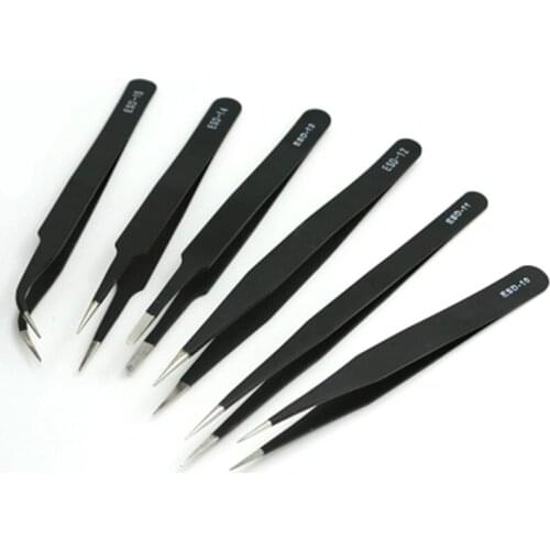 6pcs ESD Anti-Static Stainless Steel Tweezers Set Maintenance Repair Tool Kit Anti Static Model Making Tool Hand Tool Set