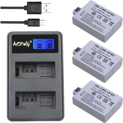 AOPULY LCD Dual USB charger + 3x LP-E5 Camera Battery LP E5 LPE5 For Canon EOS 450D 500D 1000D KISS X2 X3 F Rebel XS XSi T1i