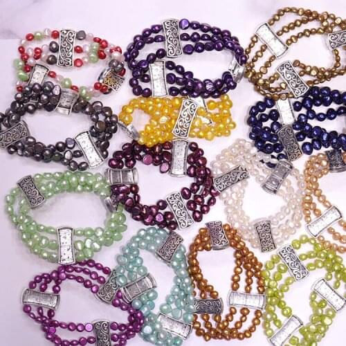 3 ROW MIX COLOR Elastic Genuine Natural Freshwater Pearl Bracelet Bangle Fashion Jewelry Nice Party Gift Present, 10pcs/lot